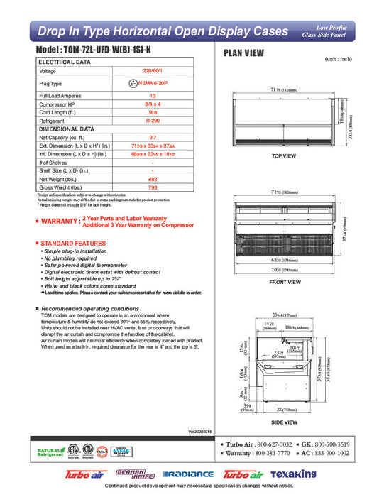 Turbo Air TOM-72L-UFD-W-1SI-N 72" Drop-In Horizontal Open Air Cooler w/ (1) Level – White Exterior, 220v/1ph - Donut-Supplies.Com