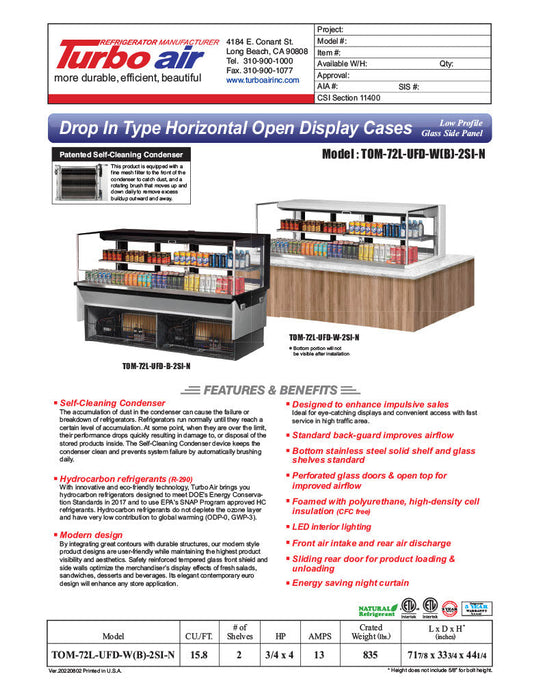 Turbo Air TOM-72L-UFD-B-2SI-N 72" Drop-In Horizontal Open Air Cooler w/ (2) Levels – Black Exterior, 220v/1ph - Donut-Supplies.Com