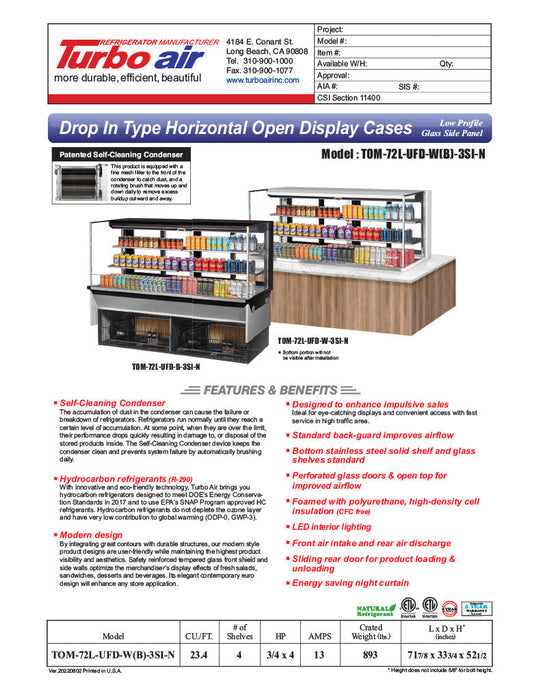 Turbo Air TOM-72L-UFD-B-3SI-N 72" Drop-In Horizontal Open Air Cooler w/ (3) Levels – Black Exterior, 220v/1ph - Donut-Supplies.Com