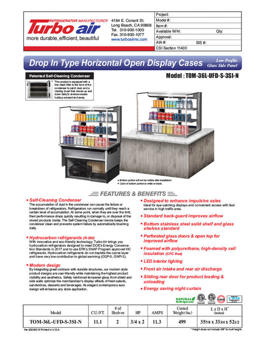 Turbo Air TOM-36L-UFD-S-3SI-N 36" Drop-In Horizontal Open Air Cooler w/ (3) Levels – Stainless Steel Exterior, 115v - Donut-Supplies.Com