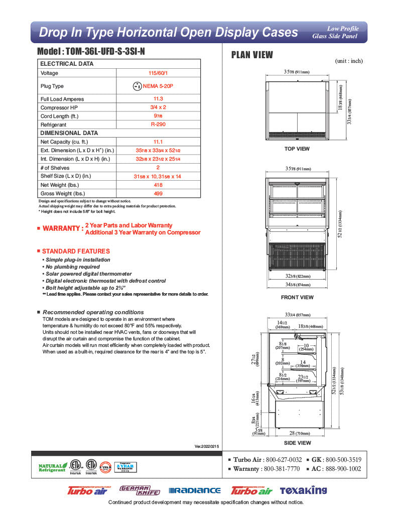 Turbo Air TOM-36L-UFD-S-3SI-N 36" Drop-In Horizontal Open Air Cooler w/ (3) Levels – Stainless Steel Exterior, 115v - Donut-Equipment.com