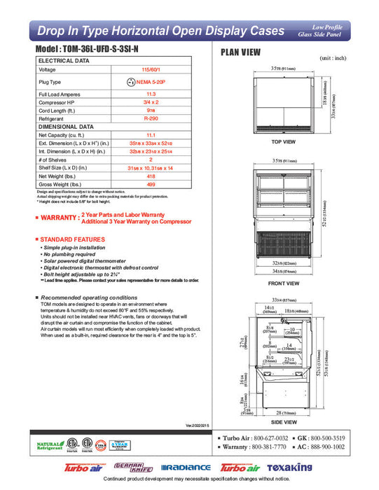 Turbo Air TOM-36L-UFD-S-3SI-N 36" Drop-In Horizontal Open Air Cooler w/ (3) Levels – Stainless Steel Exterior, 115v - Donut-Supplies.Com