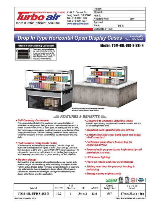 Turbo Air TOM-48L-UFD-S-2SI-N 48" Drop-In Horizontal Open Air Cooler w/ (2) Levels – Stainless Steel Exterior, 115v - Donut-Supplies.Com
