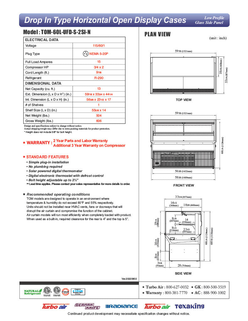 Turbo Air TOM-60L-UFD-S-2SI-N 60" Drop-In Horizontal Open Air Cooler w/ (2) Levels – Stainless Steel Exterior, 115v - Donut-Equipment.com