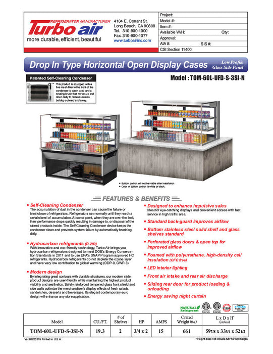 Turbo Air TOM-60L-UFD-S-3SI-N 60" Drop-In Horizontal Open Air Cooler w/ (3) Levels – Stainless Steel Exterior, 115v - Donut-Supplies.Com