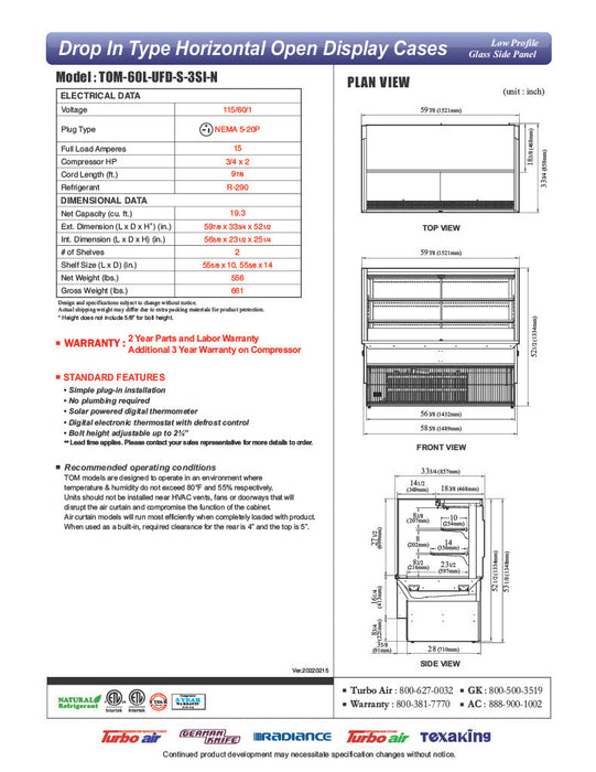 Turbo Air TOM-60L-UFD-S-3SI-N 60" Drop-In Horizontal Open Air Cooler w/ (3) Levels – Stainless Steel Exterior, 115v - Donut-Supplies.Com