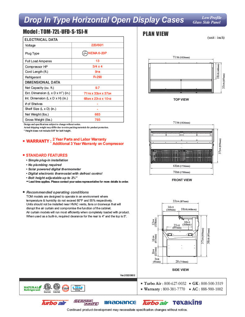 Turbo Air TOM-72L-UFD-S-1SI-N 72" Drop-In Horizontal Open Air Cooler w/ (1) Level – Stainless Steel Exterior, 220v/1ph - Donut-Equipment.com