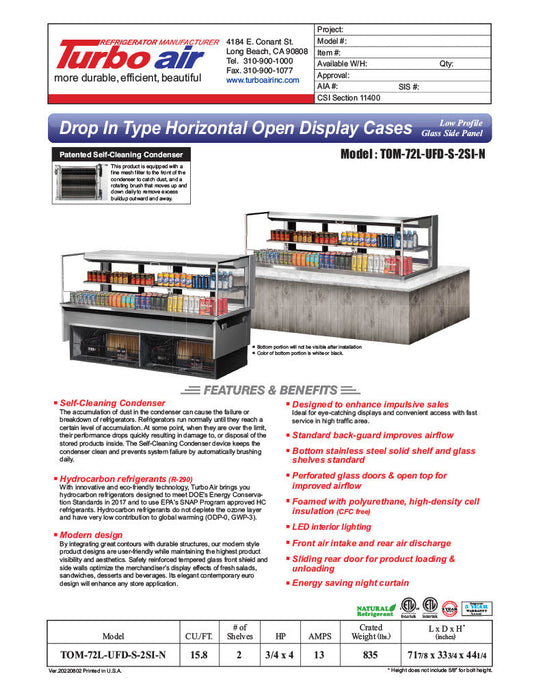 Turbo Air TOM-72L-UFD-S-2SI-N 72" Drop-In Horizontal Open Air Cooler w/ (2) Levels – Stainless Steel Exterior, 220v/1ph - Donut-Supplies.Com