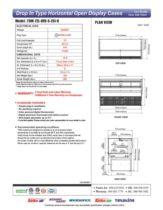 Turbo Air TOM-72L-UFD-S-2SI-N 72" Drop-In Horizontal Open Air Cooler w/ (2) Levels – Stainless Steel Exterior, 220v/1ph - Donut-Supplies.Com