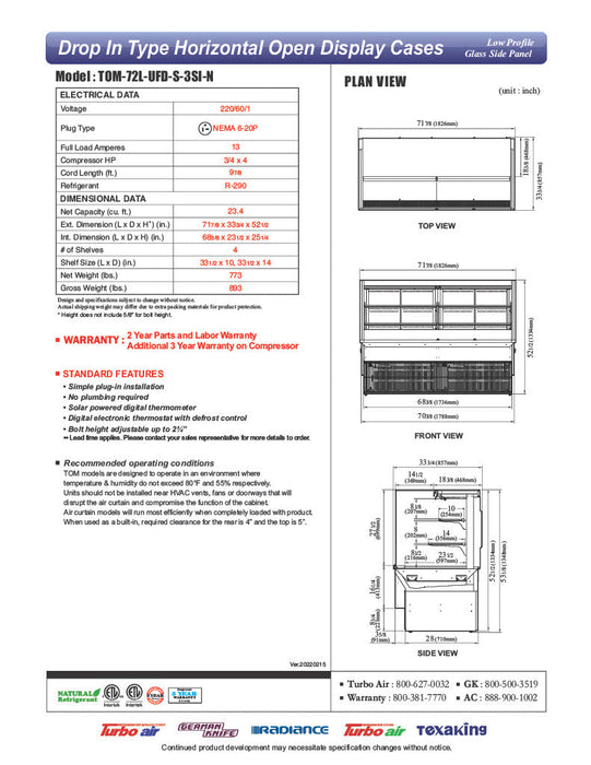 Turbo Air TOM-72L-UFD-W-3SI-N 72" Drop-In Horizontal Open Air Cooler w/ (4) Levels – Stainless Steel Exterior, 220v/1ph - Donut-Supplies.Com