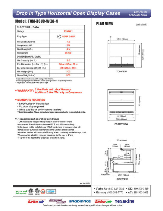 Turbo Air TOM-36UC-W-N 36 1/4" Horizontal Open Air Cooler w/ (1) Level – White Exterior, 115v - Donut-Supplies.Com