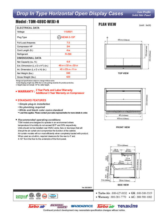 Turbo Air TOM-48UC-W-N 48 1/4" Horizontal Open Air Cooler w/ (1) Level – White Exterior, 115v - Donut-Supplies.Com