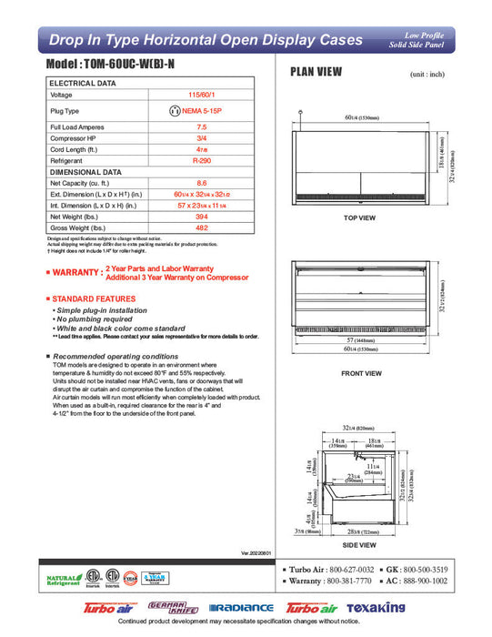 Turbo Air TOM-60UC-W-N 60 1/4" Horizontal Open Air Cooler w/ (1) Level – White Exterior, 115v - Donut-Supplies.Com