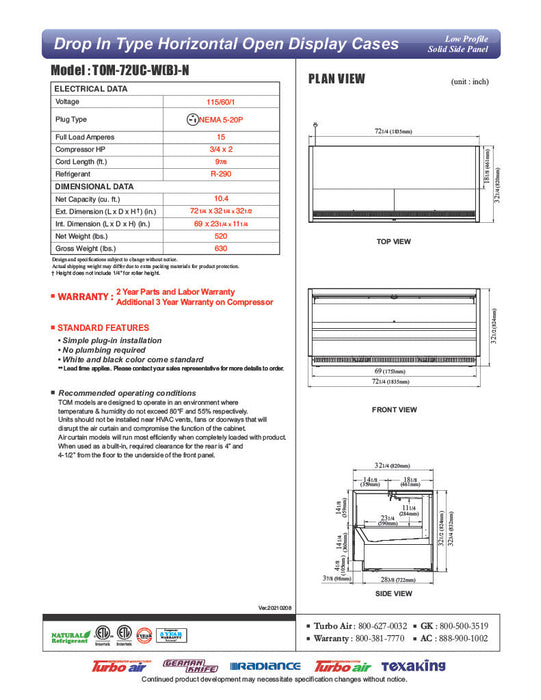 Turbo Air TOM-72UC-W-N 72 1/4" Horizontal Open Air Cooler w/ (1) Level – White Exterior, 115v - Donut-Supplies.Com