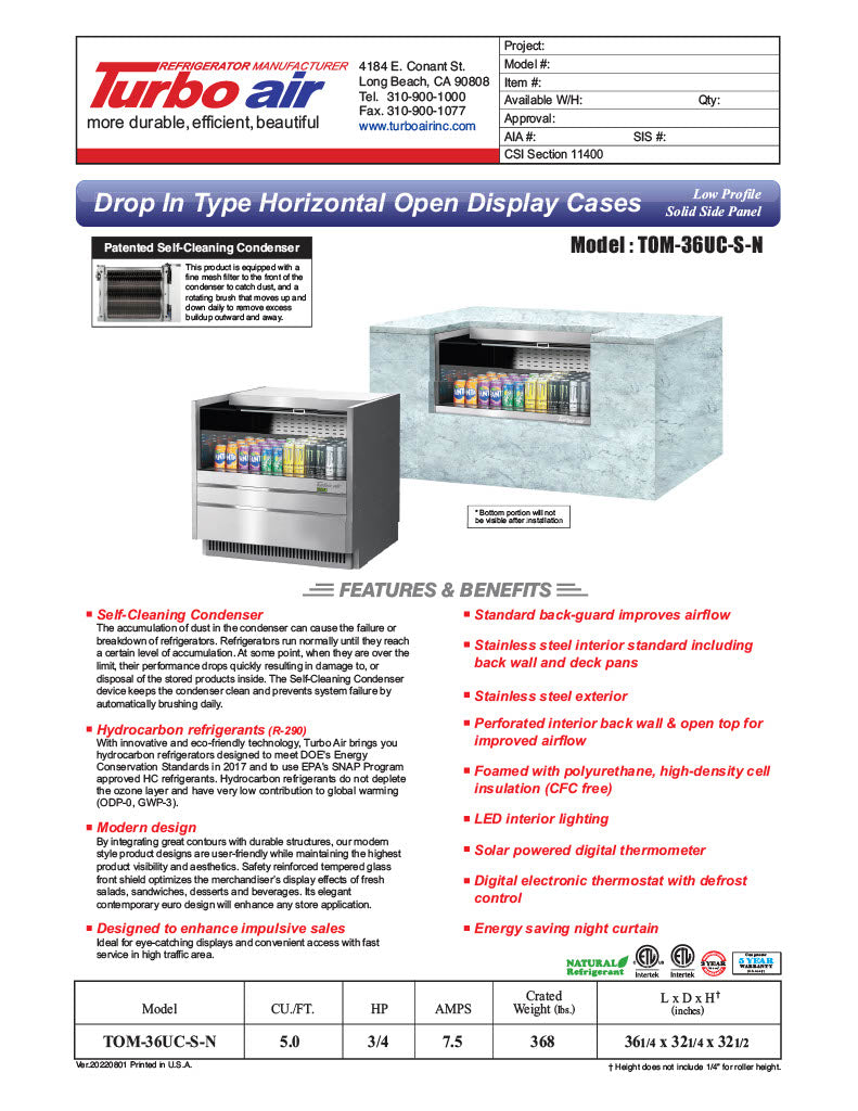 Turbo Air TOM-36UC-S-N 36 1/4" Drop-In Horizontal Open Air Cooler w/ (1) Level – Stainless Steel Exterior, 115v - Donut-Equipment.com