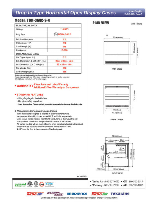 Turbo Air TOM-36UC-S-N 36 1/4" Drop-In Horizontal Open Air Cooler w/ (1) Level – Stainless Steel Exterior, 115v - Donut-Supplies.Com