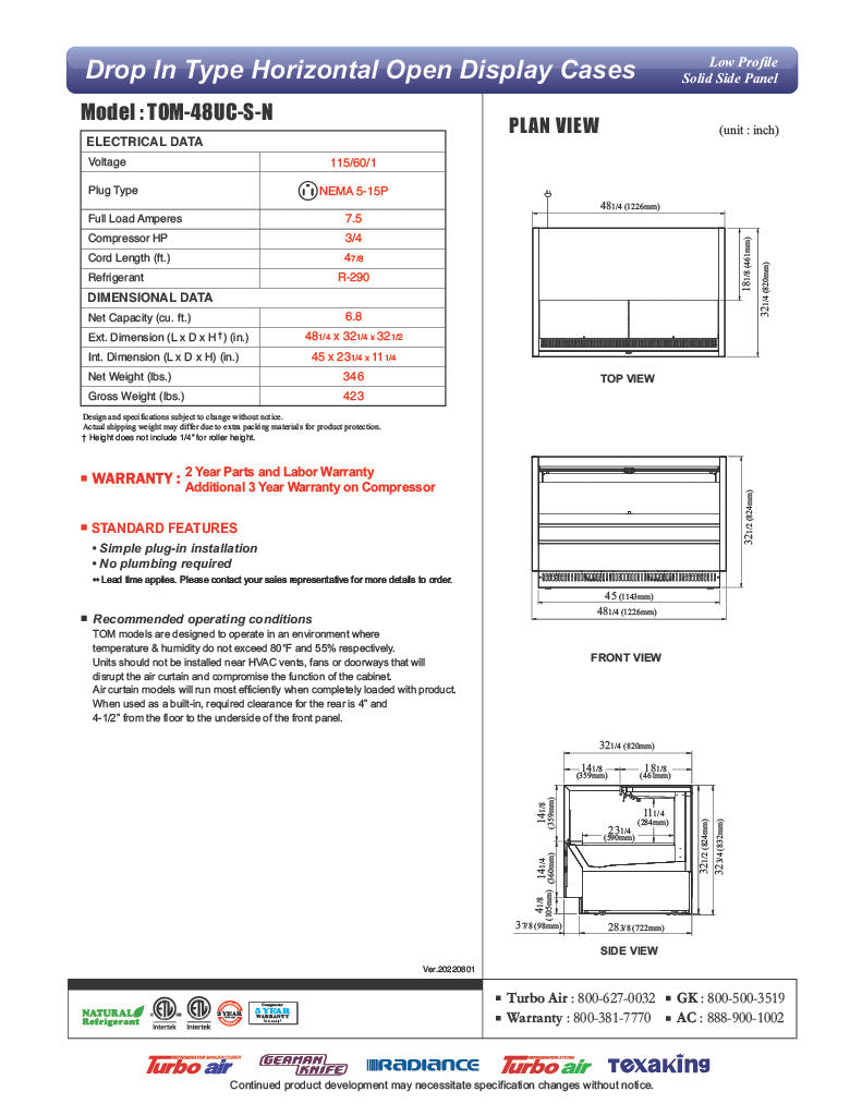 Turbo Air TOM-48UC-S-N 48 1/4" Drop-In Horizontal Open Air Cooler w/ (1) Level – Stainless Steel Exterior, 115v - Donut-Equipment.com