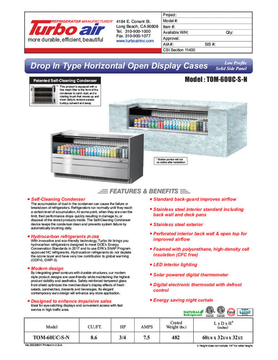 Turbo Air TOM-60UC-S-N 60 1/4" Drop-In Horizontal Open Air Cooler w/ (1) Level – Stainless Steel Exterior, 115v - Donut-Supplies.Com