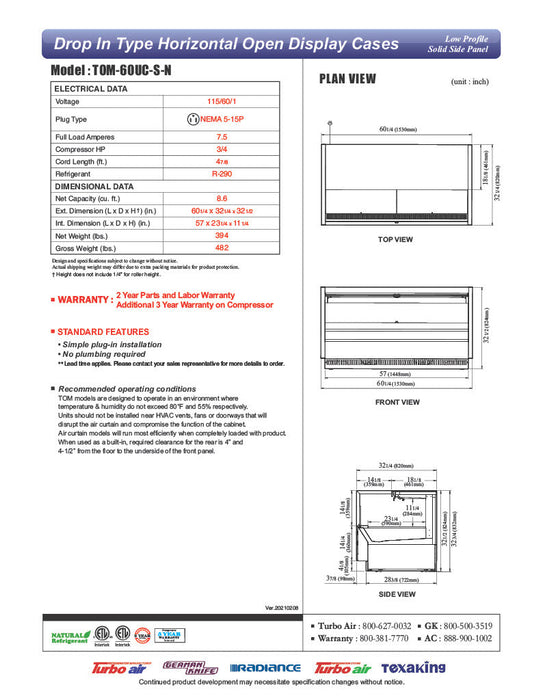Turbo Air TOM-60UC-S-N 60 1/4" Drop-In Horizontal Open Air Cooler w/ (1) Level – Stainless Steel Exterior, 115v - Donut-Supplies.Com