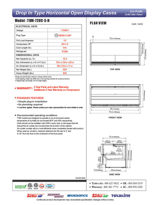 Turbo Air TOM-72UC-S-N 72 1/4" Drop-In Horizontal Open Air Cooler w/ (1) Level – Stainless Steel Exterior, 115v - Donut-Supplies.Com