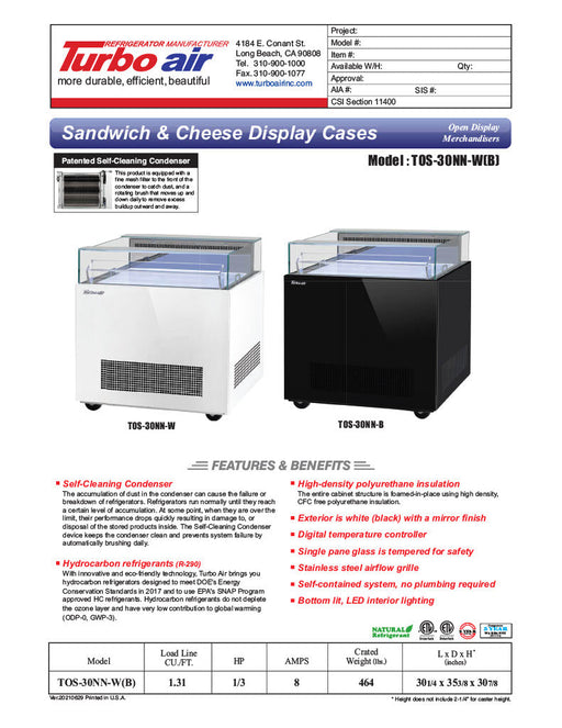 Turbo Air TOS-30NN-B 30" Black Horizontal Open Display Merchandiser / Air Curtain Sandwich and Cheese Display Case – 1 Level, 115v - Donut-Supplies.Com