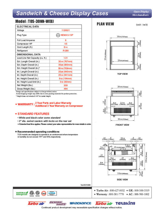 Turbo Air TOS-30NN-W 30" White Horizontal Open Display Merchandiser / Air Curtain Sandwich and Cheese Display Case – 1 Level, 115v - Donut-Supplies.Com