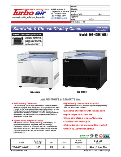 Turbo Air TOS-40NN-B 40" Black Horizontal Open Display Merchandiser / Air Curtain Sandwich and Cheese Display Case – 1 Level, 115v - Donut-Supplies.Com