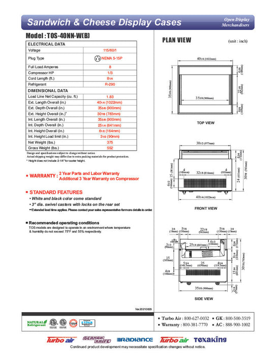 Turbo Air TOS-40NN-W 40" White Horizontal Open Display Merchandiser / Air Curtain Sandwich and Cheese Display Case – 1 Level, 115v - Donut-Supplies.Com