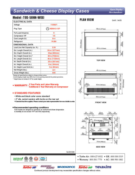 Turbo Air TOS-50NN-W 50" White Horizontal Open Display Merchandiser / Air Curtain Sandwich and Cheese Display Case – 1 Level, 115v - Donut-Supplies.Com