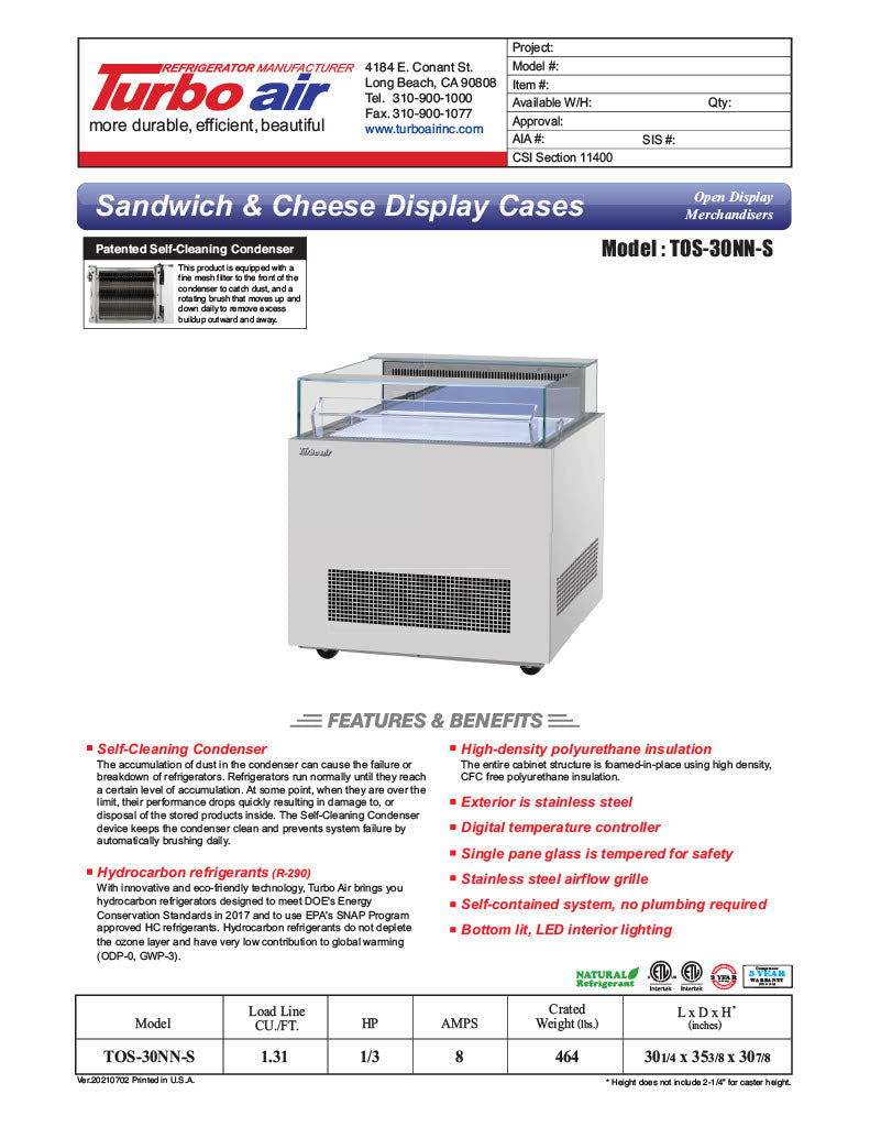 Turbo Air TOS-30NN-S 30 1/4" Stainless Steel Horizontal Open Display Merchandiser / Air Curtain Sandwich and Cheese Display Case – 1 Level, 115v - Donut-Equipment.com