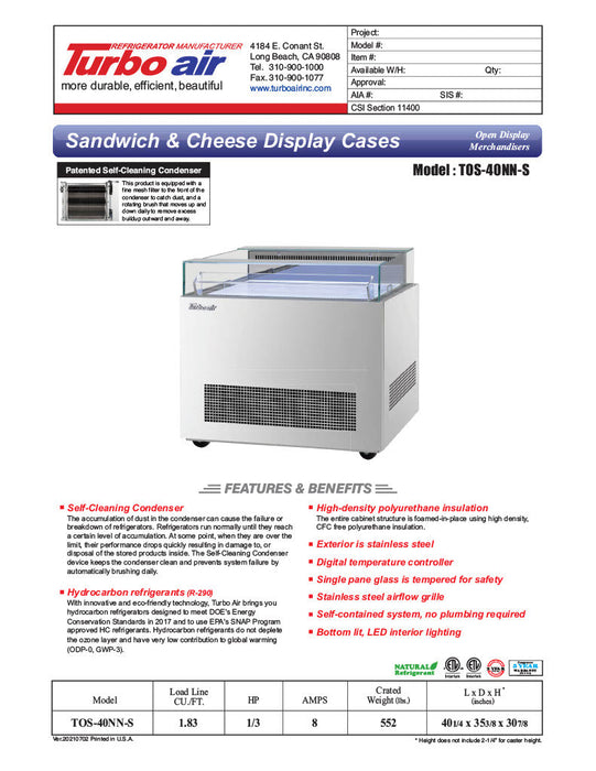 Turbo Air TOS-40NN-S 40 1/4" Stainless Steel Horizontal Open Display Merchandiser / Air Curtain Sandwich and Cheese Display Case – 1 Level, 115v - Donut-Supplies.Com