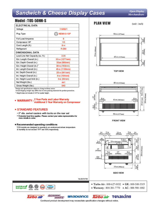 Turbo Air TOS-50NN-S 50 1/4" Stainless Steel Horizontal Open Display Merchandiser / Air Curtain Sandwich and Cheese Display Case – 1 Level, 115v - Donut-Supplies.Com