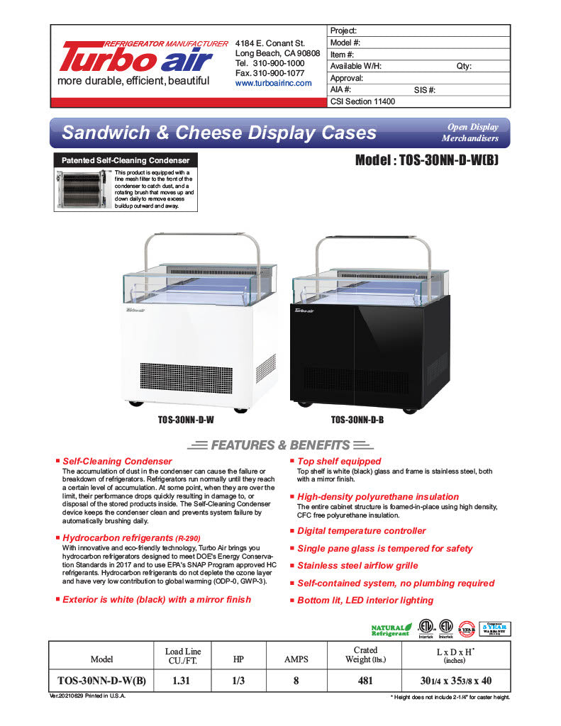 Turbo Air TOS-30NN-D-W 30 1/4" White Horizontal Open Display Merchandiser / Air Curtain Sandwich and Cheese Display Case – 1 Level, 115v - Donut-Equipment.com