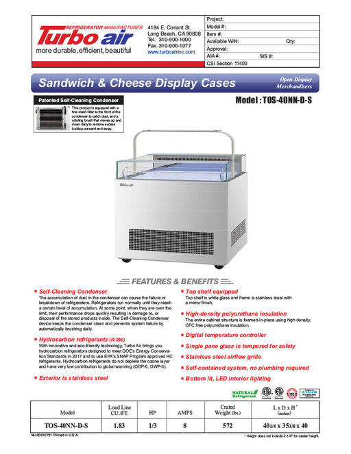 Turbo Air TOS-40NN-D-S 40 1/4" Stainless Steel Horizontal Open Display Merchandiser / Air Curtain Sandwich and Cheese Display Case – 1 Level with Top Shelf, 115v - Donut-Supplies.Com