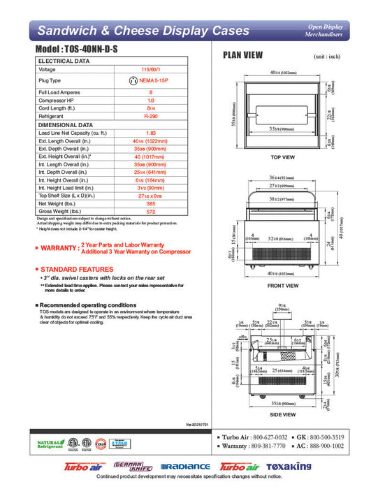 Turbo Air TOS-40NN-D-S 40 1/4" Stainless Steel Horizontal Open Display Merchandiser / Air Curtain Sandwich and Cheese Display Case – 1 Level with Top Shelf, 115v - Donut-Supplies.Com