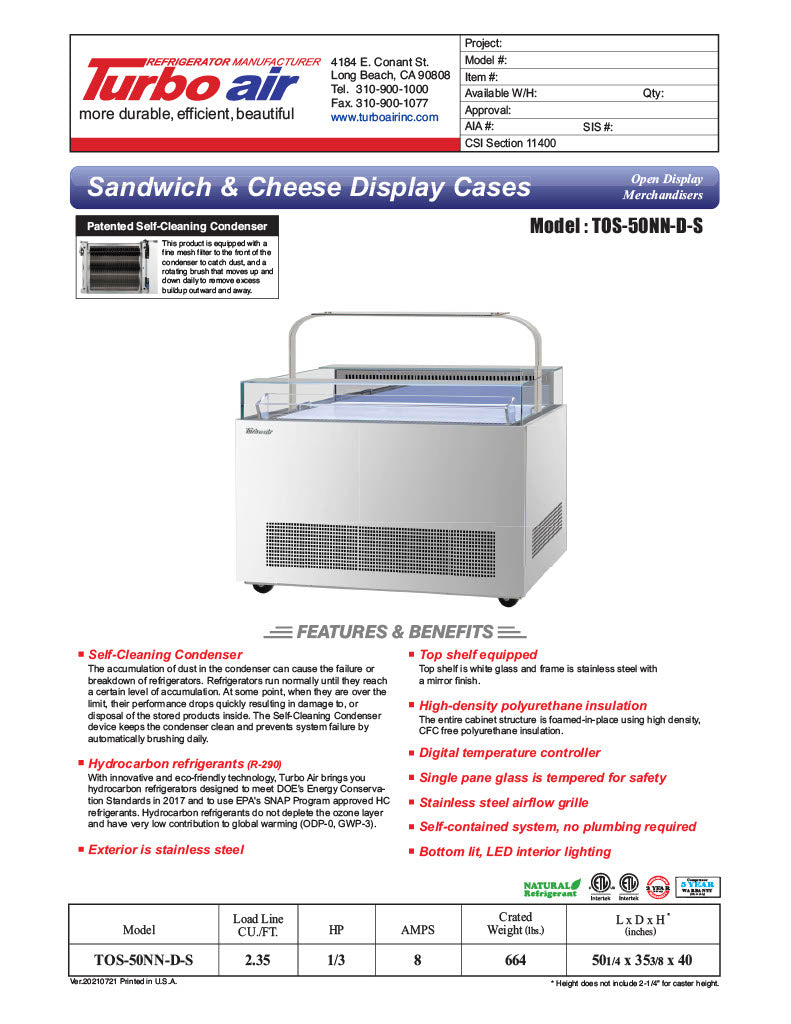 Turbo Air TOS-50NN-D-S 50 1/4" Stainless Steel Horizontal Open Display Merchandiser / Air Curtain Sandwich and Cheese Display Case – 1 Level with Top Shelf, 115v - Donut-Equipment.com