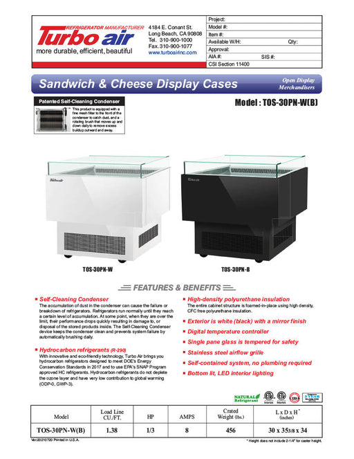 Turbo Air TOS-30PN-W 30" White Horizontal Open Display Merchandiser / Air Curtain Sandwich and Cheese Display Case – 1 Level, 115v - Donut-Equipment.com