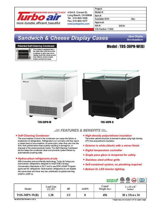 Turbo Air TOS-30PN-W 30" White Horizontal Open Display Merchandiser / Air Curtain Sandwich and Cheese Display Case – 1 Level, 115v - Donut-Equipment.com