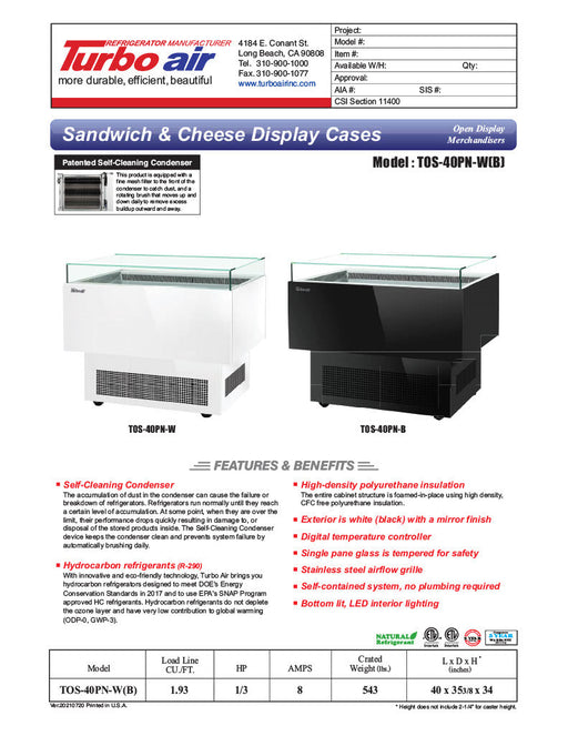 Turbo Air TOS-40PN-W 40" White Horizontal Open Display Merchandiser / Air Curtain Sandwich and Cheese Display Case – 1 Level, 115v - Donut-Supplies.Com