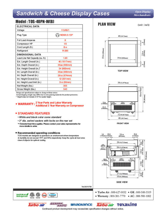 Turbo Air TOS-40PN-W 40" White Horizontal Open Display Merchandiser / Air Curtain Sandwich and Cheese Display Case – 1 Level, 115v - Donut-Supplies.Com