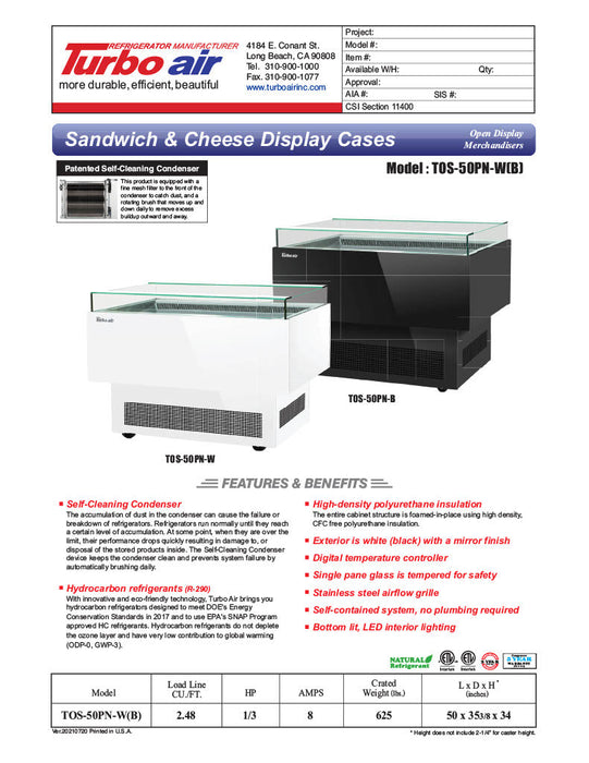 Turbo Air TOS-50PN-W 50" White Horizontal Open Display Merchandiser / Air Curtain Sandwich and Cheese Display Case – 1 Level, 115v - Donut-Supplies.Com