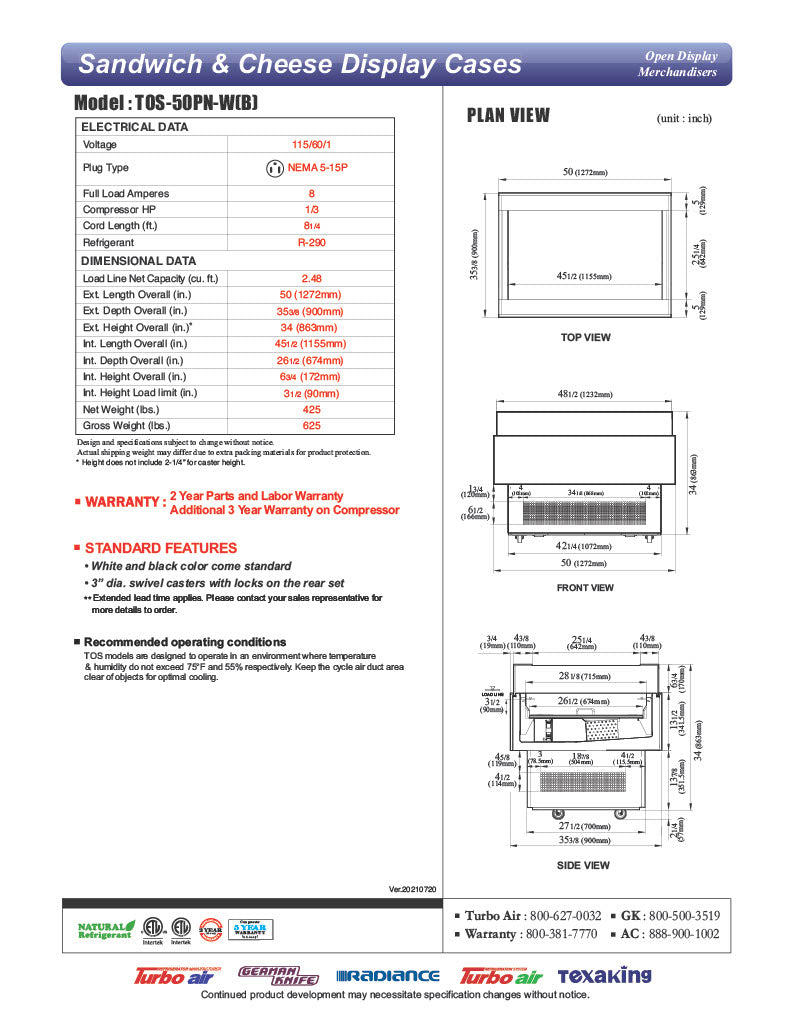 Turbo Air TOS-50PN-W 50" White Horizontal Open Display Merchandiser / Air Curtain Sandwich and Cheese Display Case – 1 Level, 115v - Donut-Equipment.com