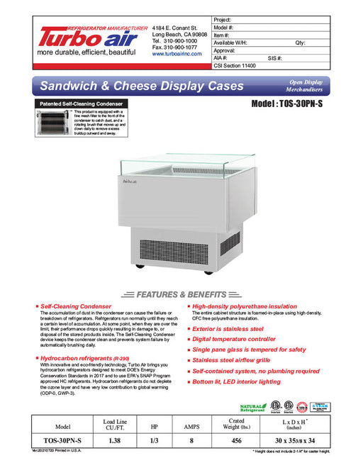 Turbo Air TOS-30PN-S 30" Stainless Steel Horizontal Open Display Merchandiser / Air Curtain Sandwich and Cheese Display Case – 1 Level, 115v - Donut-Supplies.Com