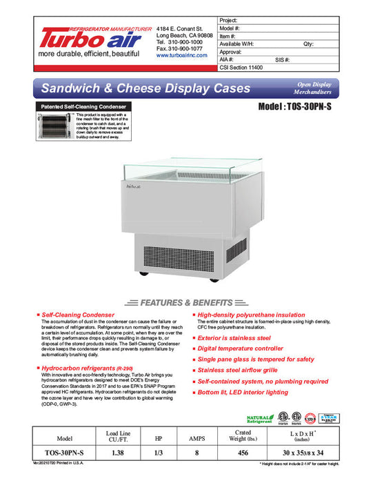 Turbo Air TOS-30PN-S 30" Stainless Steel Horizontal Open Display Merchandiser / Air Curtain Sandwich and Cheese Display Case – 1 Level, 115v - Donut-Supplies.Com