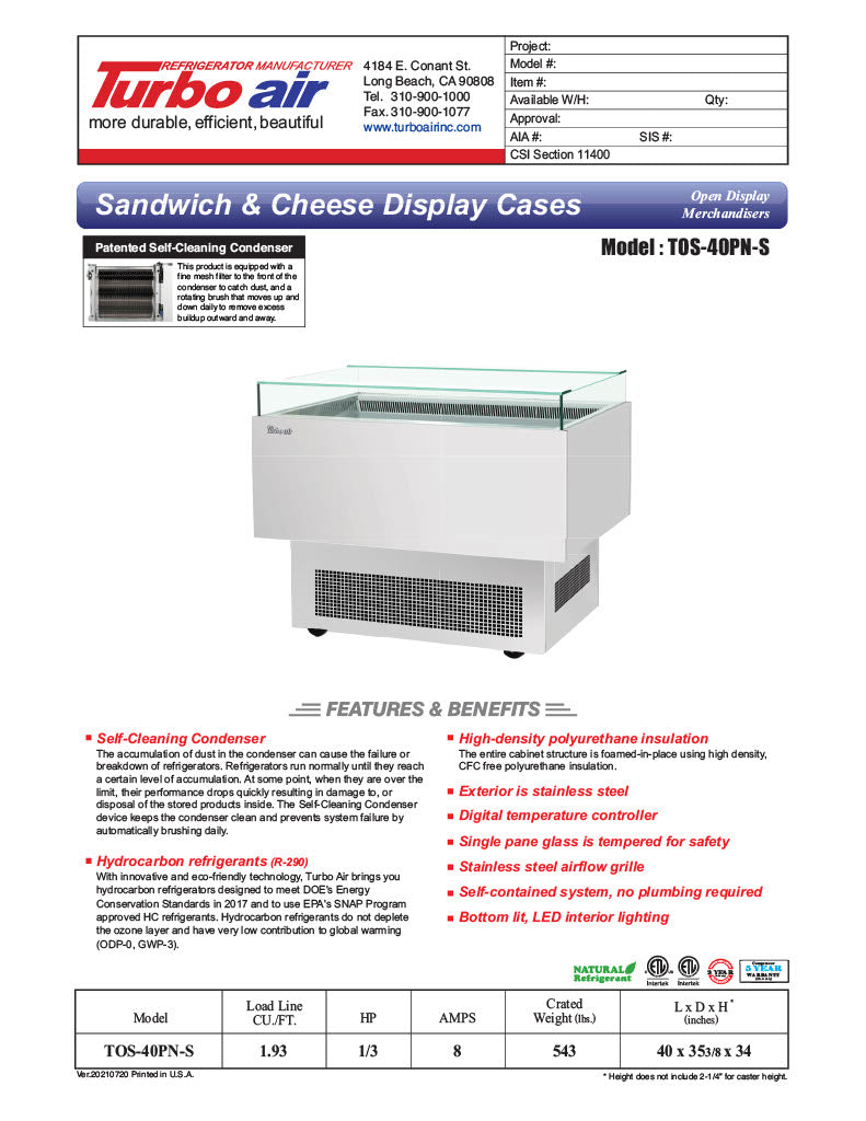 Turbo Air TOS-40PN-S 40" Stainless Steel Horizontal Open Display Merchandiser / Air Curtain Sandwich and Cheese Display Case – 1 Level, 115v - Donut-Equipment.com