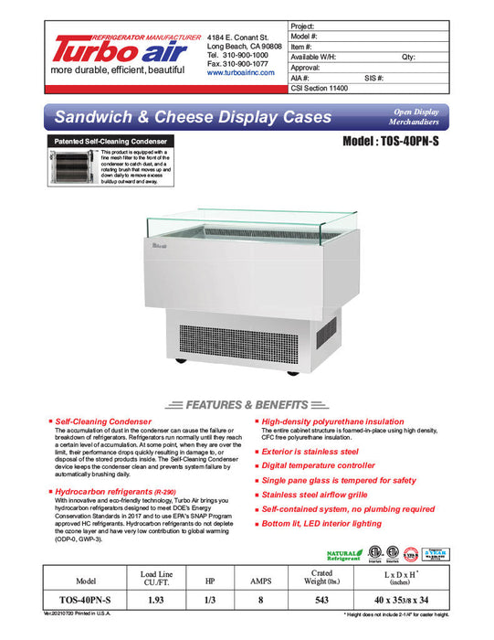 Turbo Air TOS-40PN-S 40" Stainless Steel Horizontal Open Display Merchandiser / Air Curtain Sandwich and Cheese Display Case – 1 Level, 115v - Donut-Equipment.com