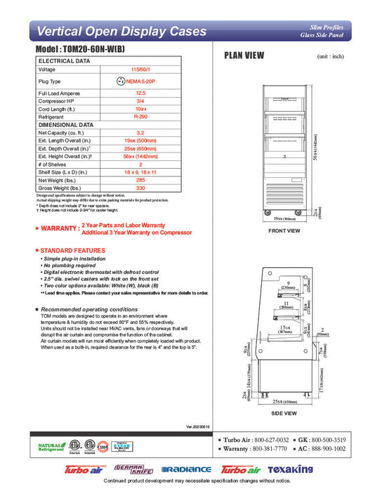 Turbo Air TOM20-60N-B 19 5/8" Black Vertical Open Air Cooler – 3 Levels, 115v - Donut-Supplies.Com