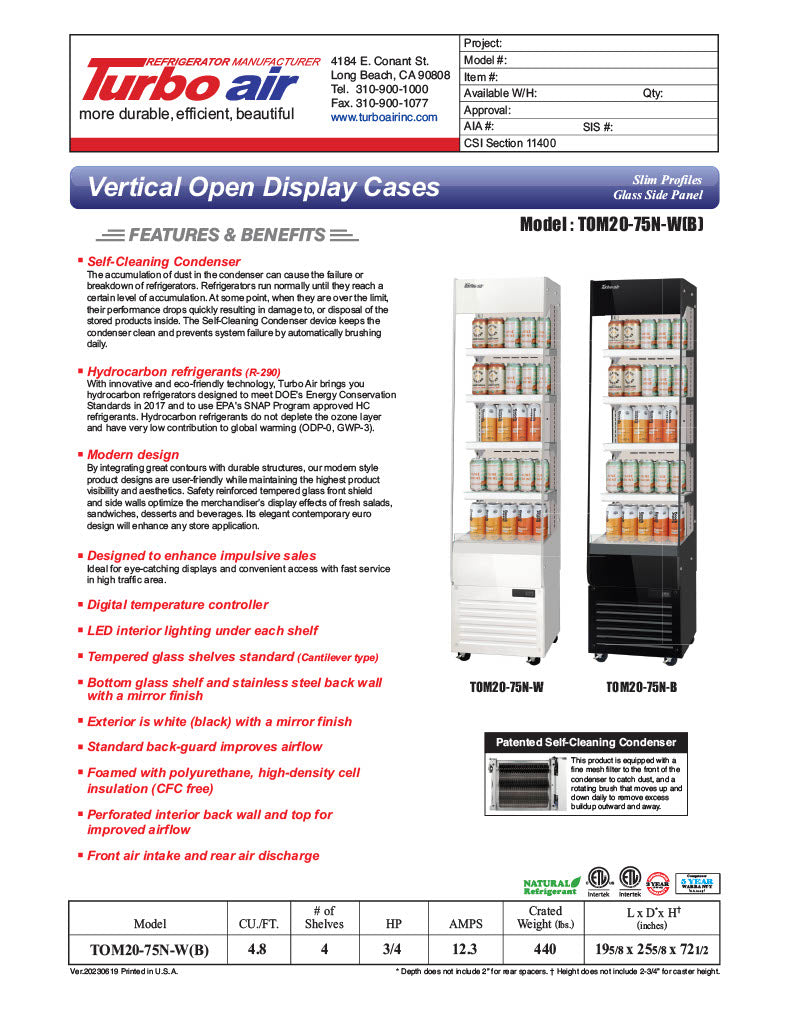 Turbo Air TOM20-75N-W 19 5/8" White Vertical Open Air Cooler – 5 Levels, 115v - Donut-Equipment.com