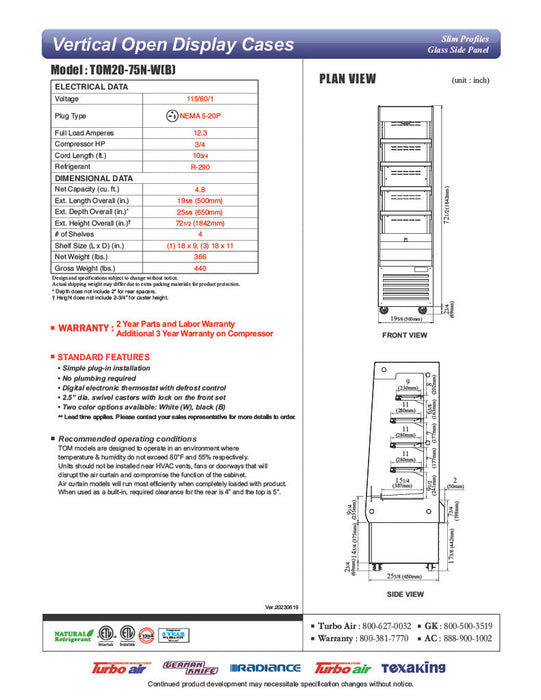 Turbo Air TOM20-75N-W 19 5/8" White Vertical Open Air Cooler – 5 Levels, 115v - Donut-Supplies.Com