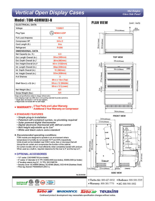 Turbo Air TOM-40MB-N 39" Black Vertical Open Air Cooler – 4 Levels, 115v - Donut-Supplies.Com